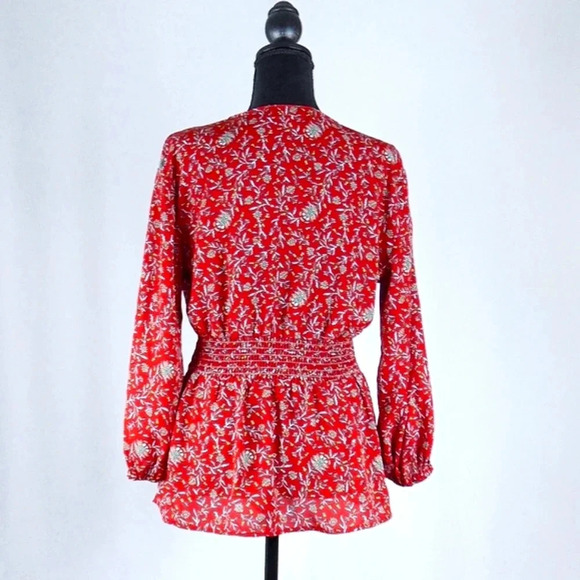 Max Studio Red Floral Blouse Long Sleeve Tie Front-Size M - Picture 5 of 8